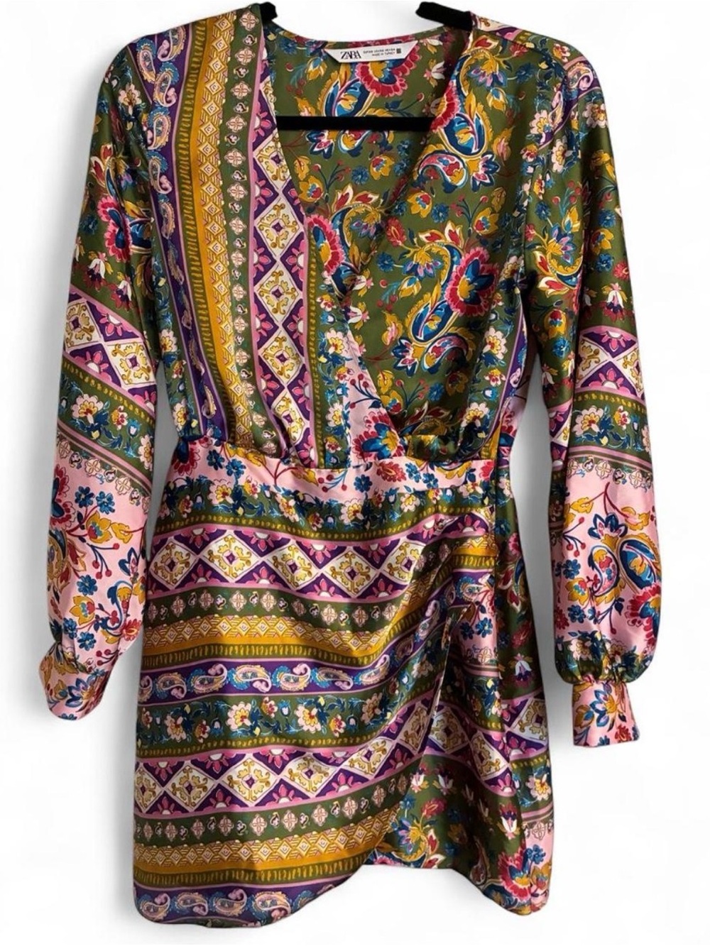 ZARA Satin Effect Print Dress Multicolor Paisley Faux Wrap Mini Dress xs